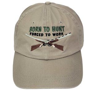 Born to Hunt Forced to Work Hat Hunting Cap Dad Slouch Leather Strap Humor Beige